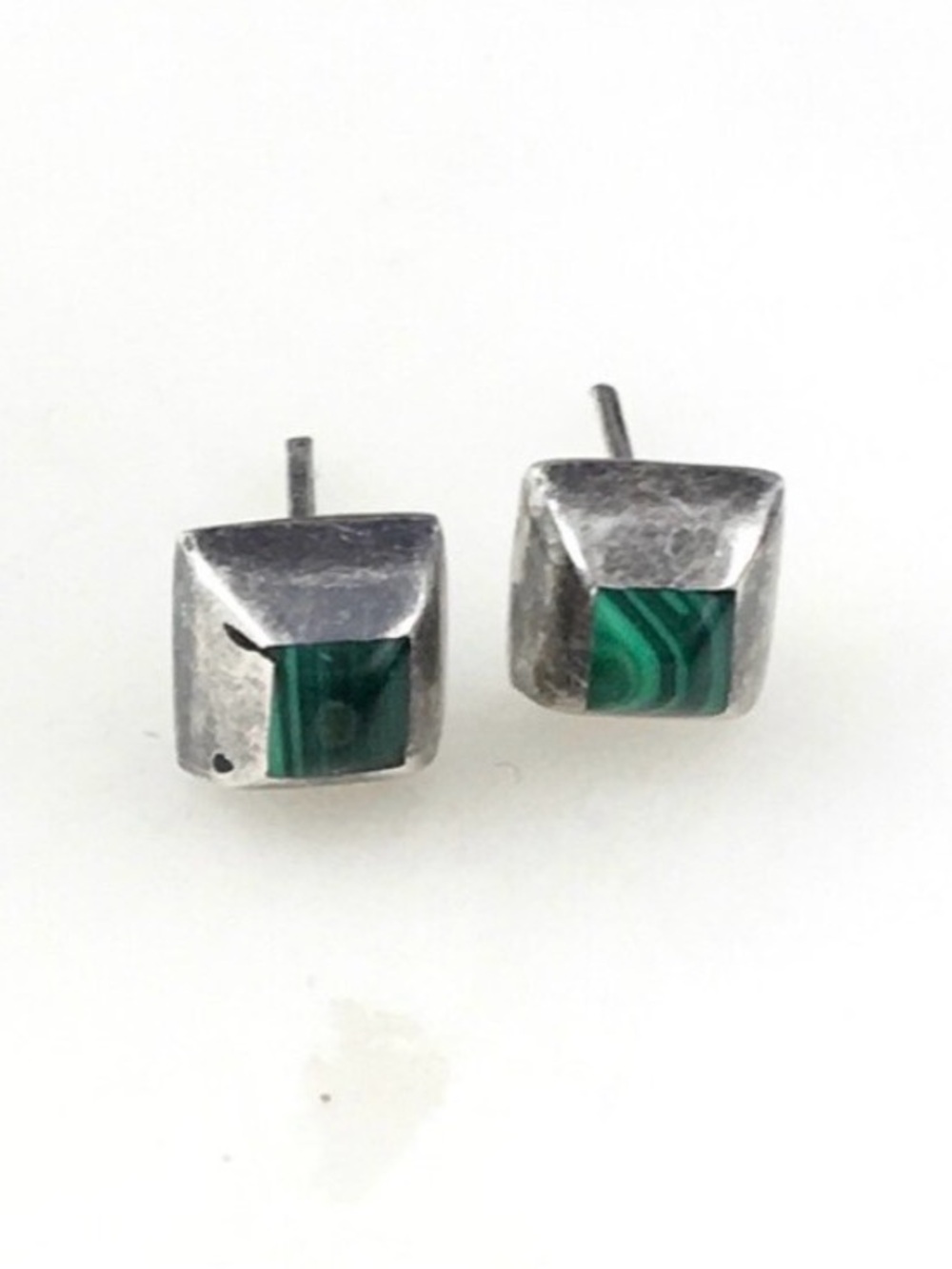 925 Silver Malachite Square Stud Earrings - Green Stone